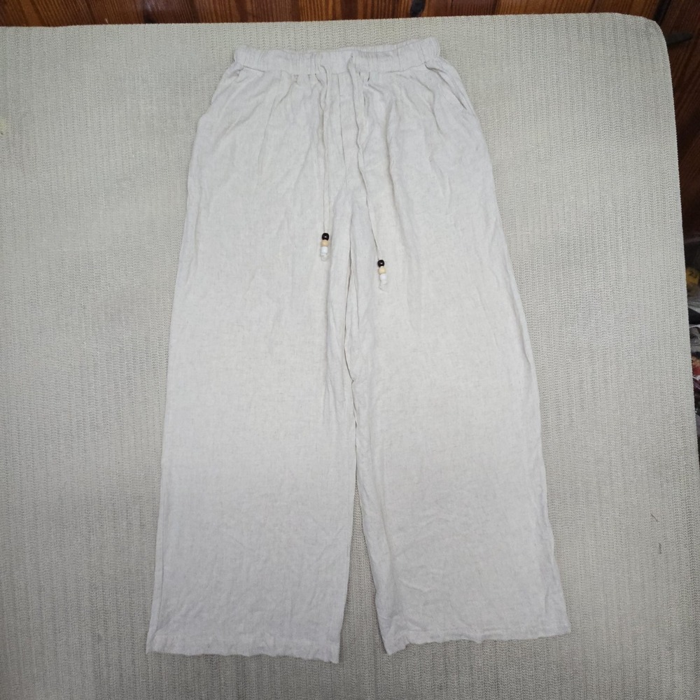 SheIn Pants Womens Medium Beige Linen Blend Wide Leg Drawstring Beaded Casual
